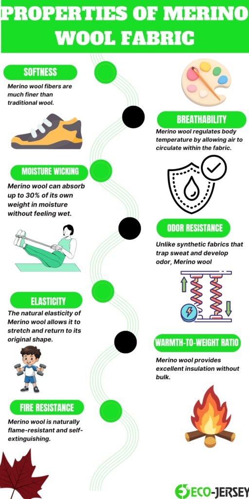 A vertical infographic titled “PROPERTIES OF MERINO WOOL FABRIC” with a bright green header. On the left column, green labels highlight: SOFTNESS with a sneaker icon, MOISTURE WICKING with a person sitting and stretching, ELASTICITY with a child, FIRE RESISTANCE with a fire icon. On the right column, green labels highlight: BREATHABILITY with a mask icon, ODOR RESISTANCE with a shield and sweat drop icon, WARMTH-TO-WEIGHT RATIO with a mattress/coil icon. Between the labels, a wavy line with alternating green circles and black circles connects the points. Each label includes a short description:
SOFTNESS: “Merino wool fibers are much finer than traditional wool.”
MOISTURE WICKING: “Merino wool can absorb up to 30% of its own weight in moisture without feeling wet.”
ELASTICITY: “The natural elasticity of Merino wool allows it to stretch and return to its original shape.”
FIRE RESISTANCE: “Merino wool is naturally flame-resistant and self-extinguishing.”
BREATHABILITY: “Merino wool regulates body temperature by allowing air to circulate within the fabric.”
ODOR RESISTANCE: “Unlike synthetic fabrics that trap sweat and develop odor, Merino wool.”
WARMTH-TO-WEIGHT RATIO: “Merino wool provides excellent insulation without bulk.”
The infographic is credited to ECO-JERSEY in the bottom-right corner.