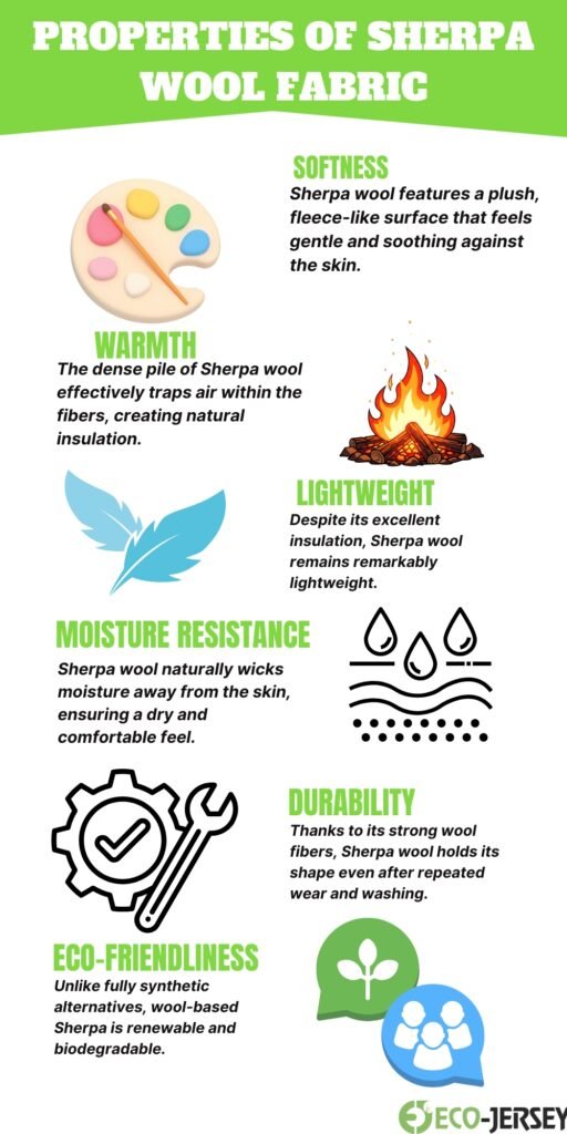 Infographic titled ‘Properties of Sherpa Wool Fabric’ with icons: softness (palette), warmth (fleece texture), lightweight (campfire), moisture resistance (water droplets), durability (gear), eco-friendliness (leaf and people icons).