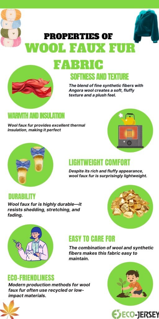 Alt text for the infographic: “Informational poster about properties of wool faux fur fabric, featuring sections on softness and texture, warmth and insulation, lightweight comfort, durability, easy care, eco-friendliness, and visuals of fibers, a heater, a doctor, gold ingots, a plant, and yarn icons on green circular backgrounds.”