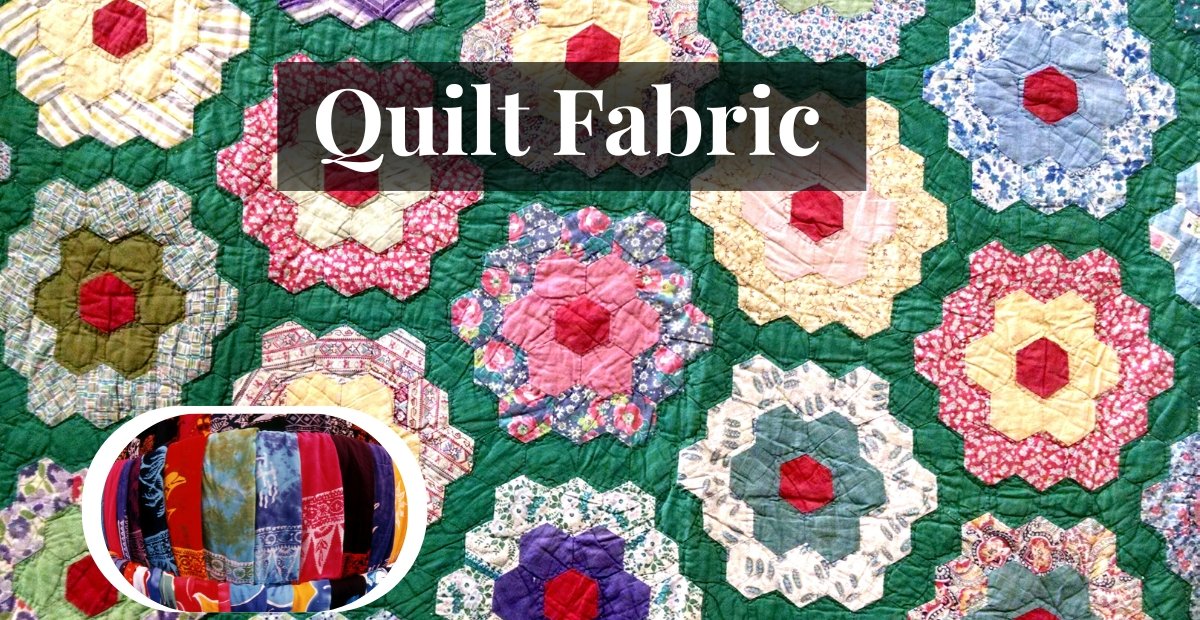 A colorful quilt made of numerous hexagonal starburst blocks arranged on a green background, featuring bright center squares in red and pink hues. A small circular inset shows a close-up of assorted striped and solid fabric strips in blue, red, orange, and purple, bundled together.