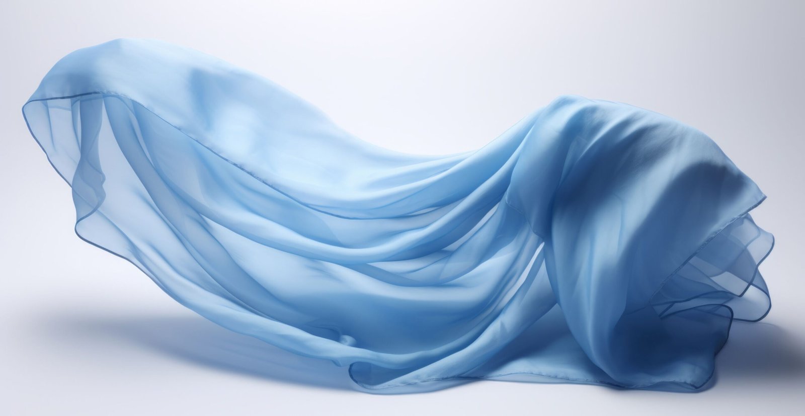 A light, airy piece of rayon chiffon fabric in soft sky-blue, intricately draped and flowing with gentle folds against a pale background.
