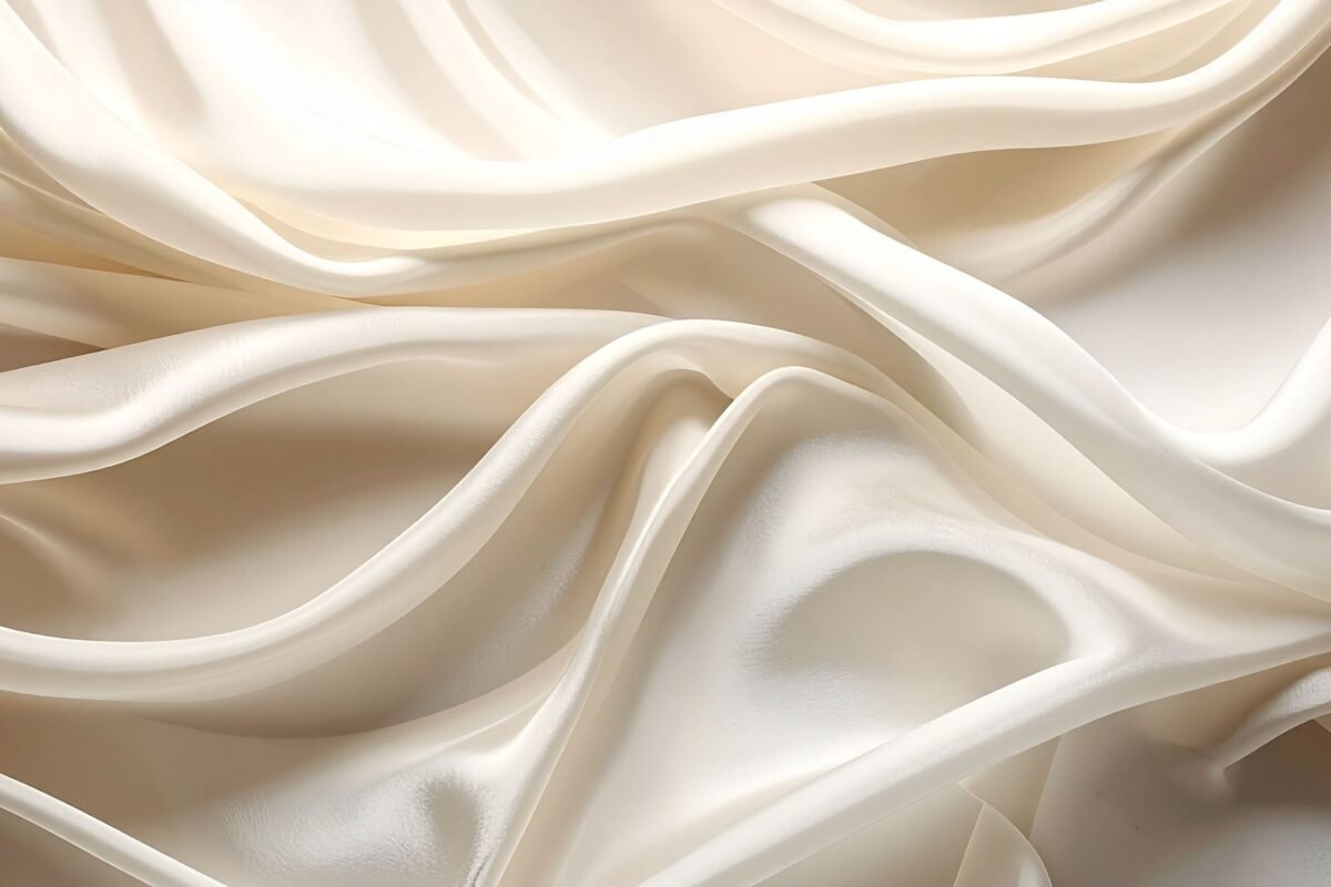 Close-up view of luxurious off-white rayon silk fabric with soft, flowing folds and gentle sheen.”