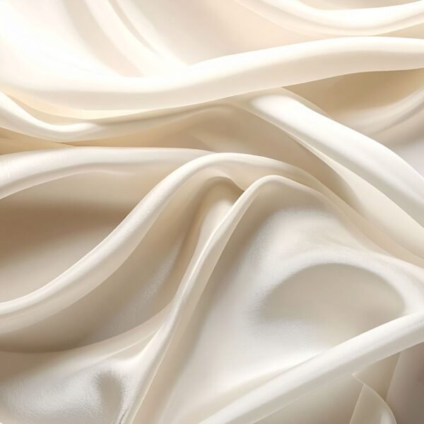 Close-up view of luxurious off-white rayon silk fabric with soft, flowing folds and gentle sheen.”