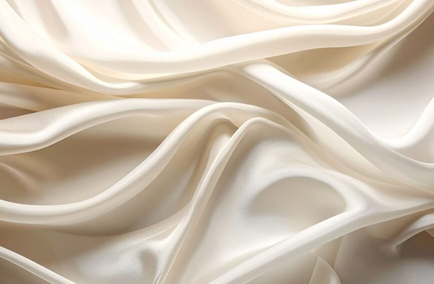 Close-up view of luxurious off-white rayon silk fabric with soft, flowing folds and gentle sheen.”