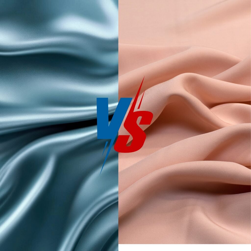 "Dual-tone fabric with teal-blue satin on the left and peach-pink satin on the right, split down the center with a bold blue-red 'VS' emblem in the middle."