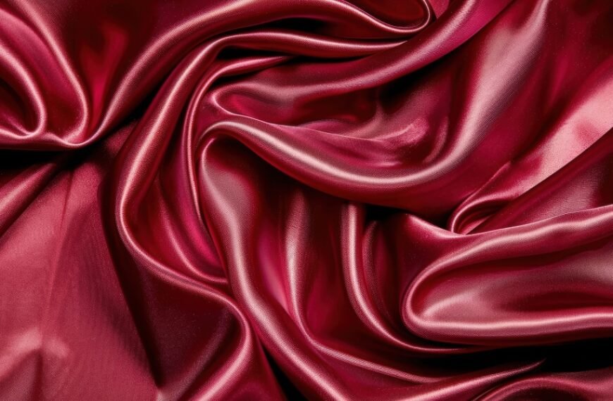 Close-up image of rich burgundy satin organza fabric with smooth, glossy folds and soft reflections Stylish Satin Organza fabric.