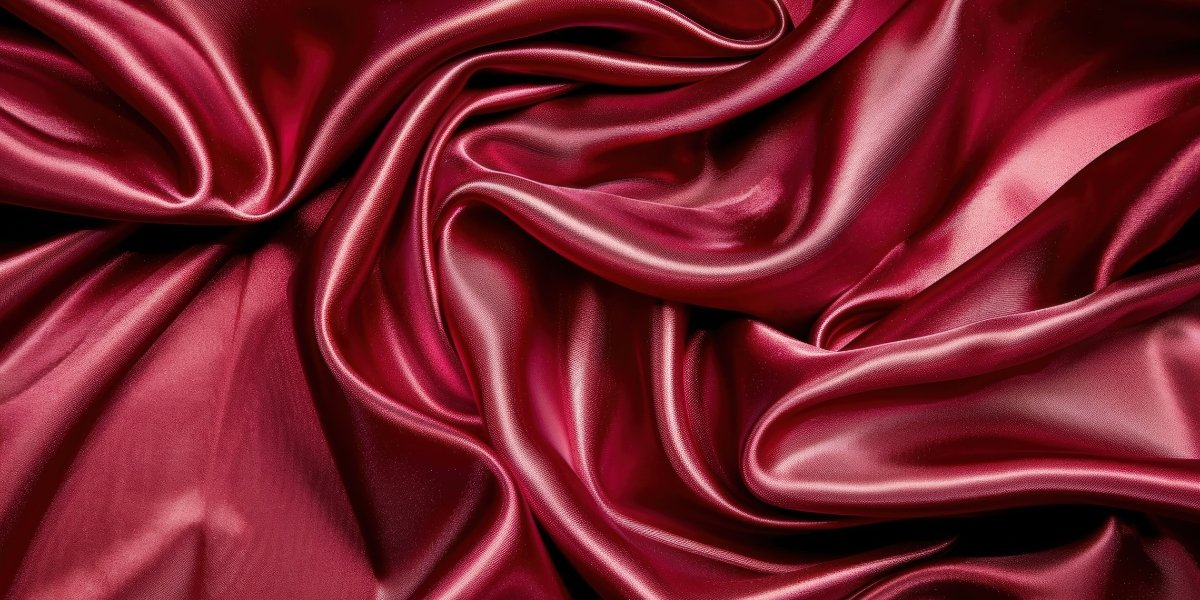 Close-up image of rich burgundy satin organza fabric with smooth, glossy folds and soft reflections Stylish Satin Organza fabric.