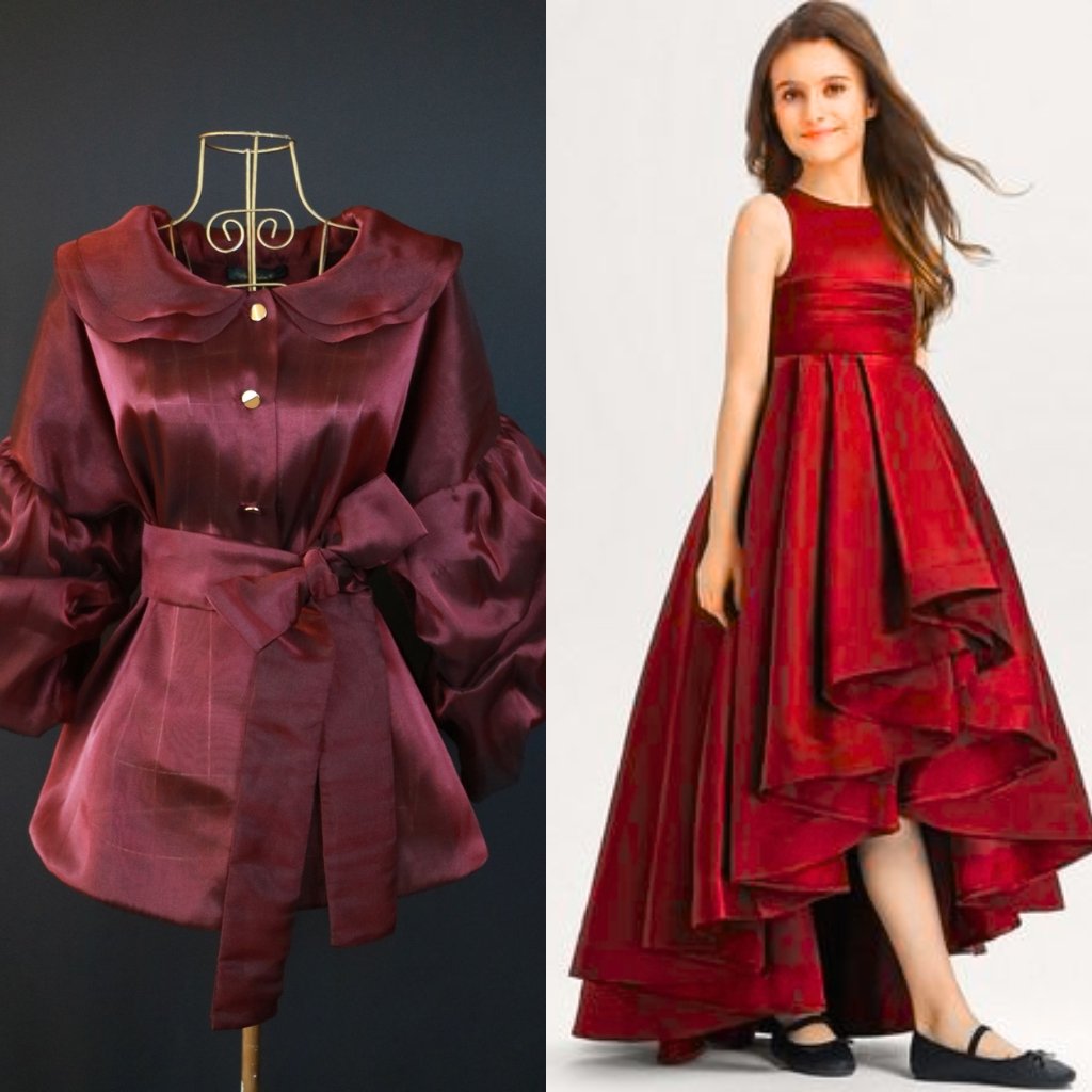 A side-by-side comparison: on the left is a luxurious burgundy satin-organza jacket with a structured silhouette, puff sleeves, a wide collar, and a self-tied belt; on the right is a red satin-organza evening gown with a fitted bodice and a dramatic high-low, layered ruffle skirt.