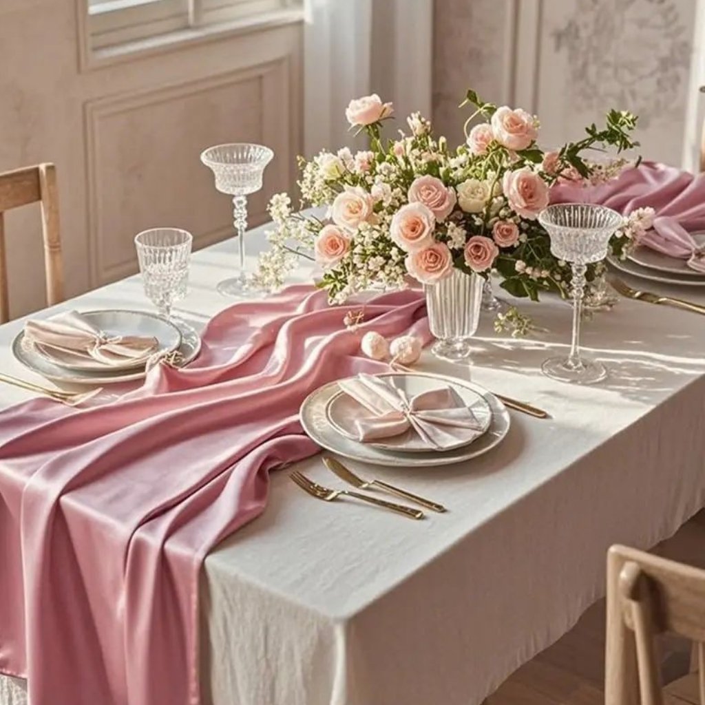 A elegantly set dining table with a soft pink satin organza runner, white tablecloth, blush pink roses centerpiece, crystal glassware, and gold-edged plates and cutlery.