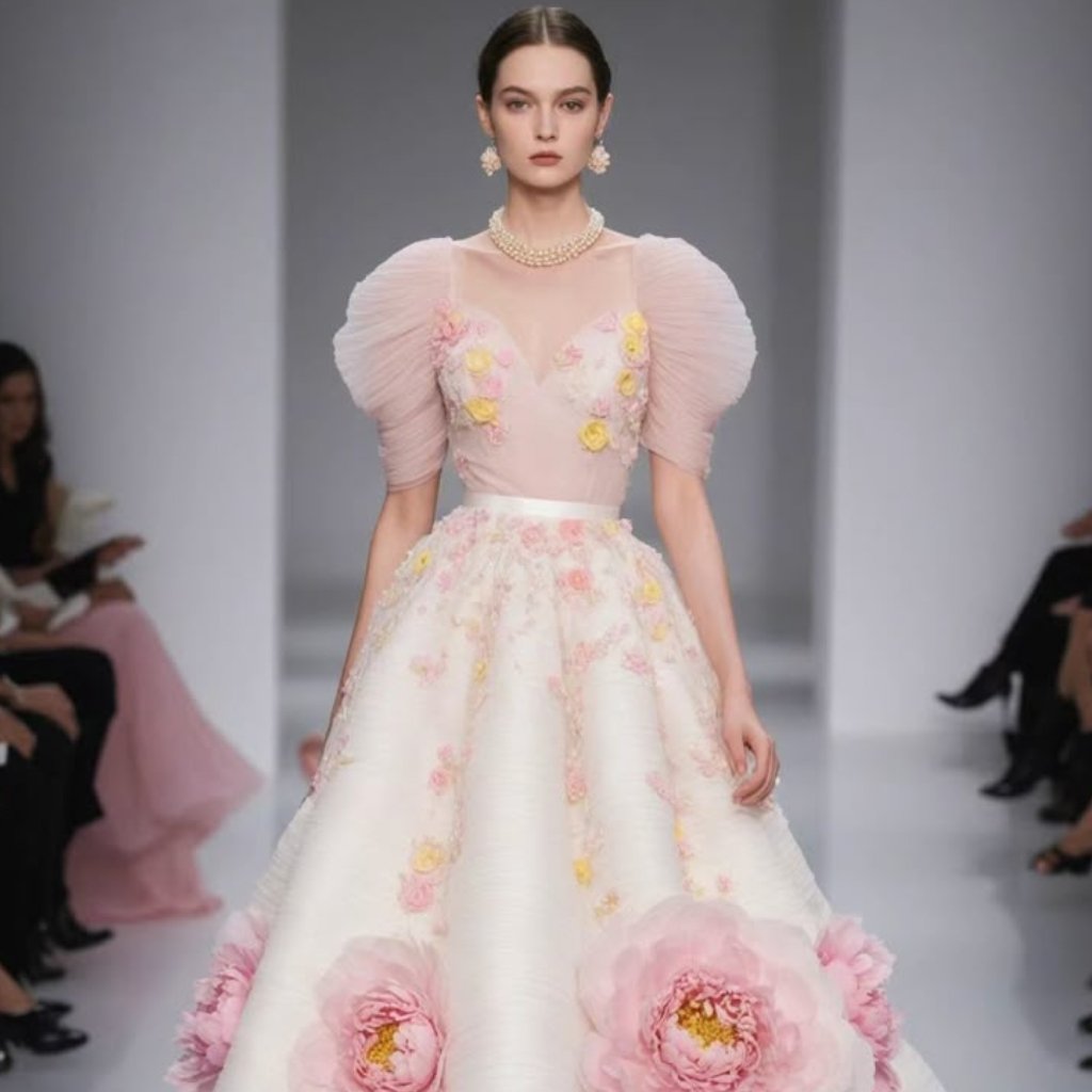 A model walks a runway wearing a pale pink sheer-sleeve ballgown with a fitted bodice and a full floral-embellished satin organza skirt.