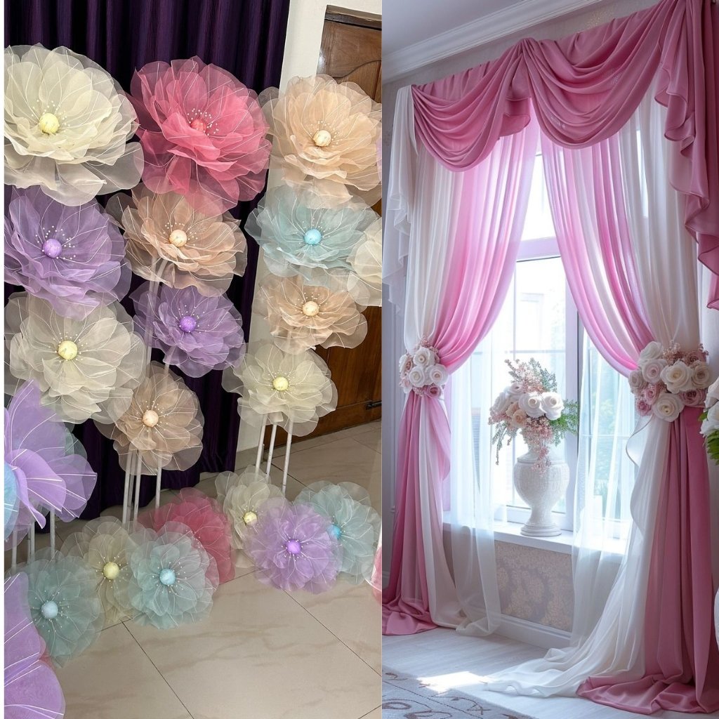 Left image: A colorful display of oversized, translucent organza flowers in pastel tones (lavender, pink, peach, mint, cream) with pearl centers on white stands against a dark backdrop.
Right image: Elegant window drapery in pink satin-organza layers, with flowing white sheer panels and decorative white-and-pink floral arrangements near the window.