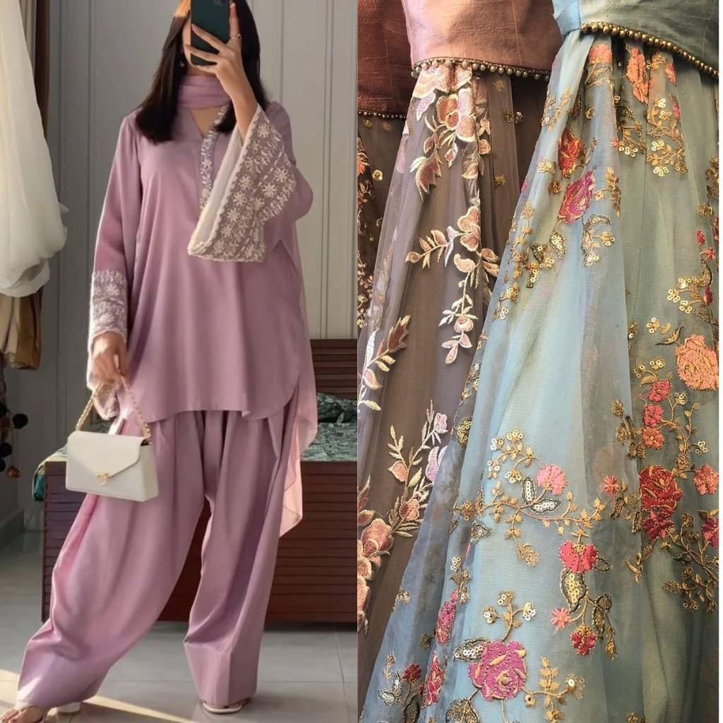 Left panel: A woman wearing a soft lavender traditional outfit with wide, flowing pants and a matching top, accessorized with a small white handbag; delicate white lace cuffs and scarf detail visible.
Right panel: Close-up of embroidered satin organza fabric in pastel shades, featuring intricate floral gold thread embroidery and beadwork along the sheer, billowy layers.