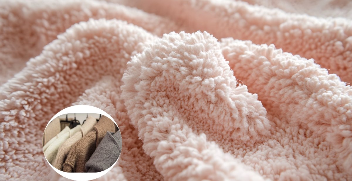 A close-up shot of soft, fluffy shearling wool fabric in a pale pink color, with a small circular inset showing coats or sweaters hanging on a rack.