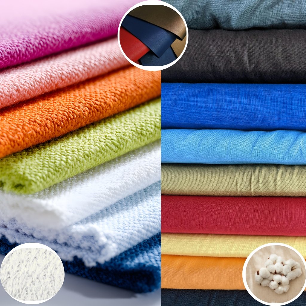 Sheep Wool Clothing: Natural Warmth and Timeless Style 14 A vertically split collage of colorful textiles. Left side shows soft, fluffy towels in pink, orange, lime green, and blue shades with a white cotton close-up inset. Right side features stacked folded fabrics in blue, teal, tan, red, yellow, orange, and dark blue hues with a cotton and fluffy fiber close-up inset.