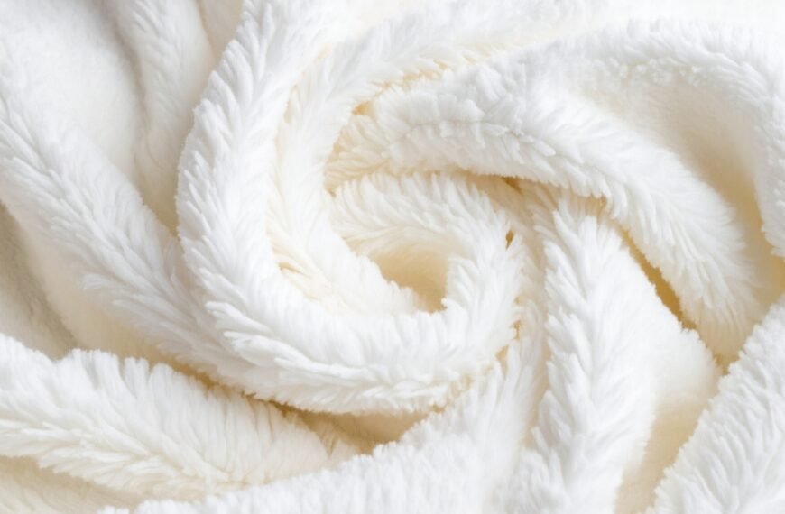 Close-up of soft, white, fluffy fabric with a plush, swirling texture.