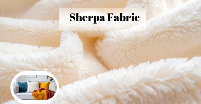 Close-up of soft, cream-colored Sherpa wool fabric with a plush, fluffy texture. A white overlay banner reads 'Sherpa Fabric' across the center. A framed inset shows a cozy living room with a white sofa and colorful throw blankets.