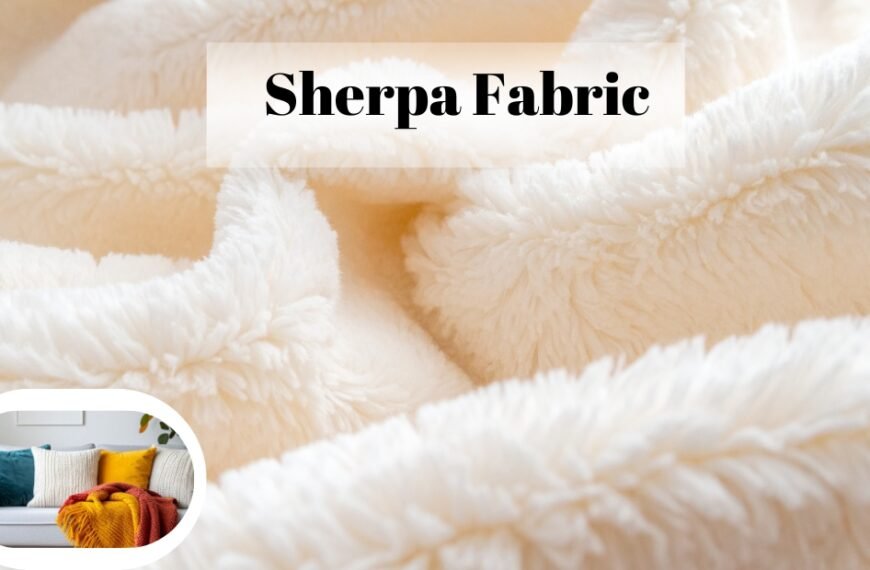 Close-up of soft, cream-colored Sherpa wool fabric with a plush, fluffy texture. A white overlay banner reads 'Sherpa Fabric' across the center. A framed inset shows a cozy living room with a white sofa and colorful throw blankets.