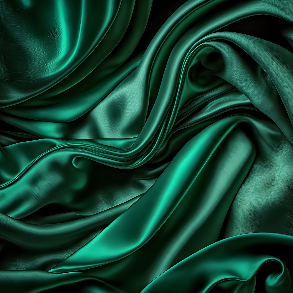 Close-up of lush, emerald-green satin-like fabric with flowing, folded folds and soft sheen, creating dramatic curves and deep shadows.