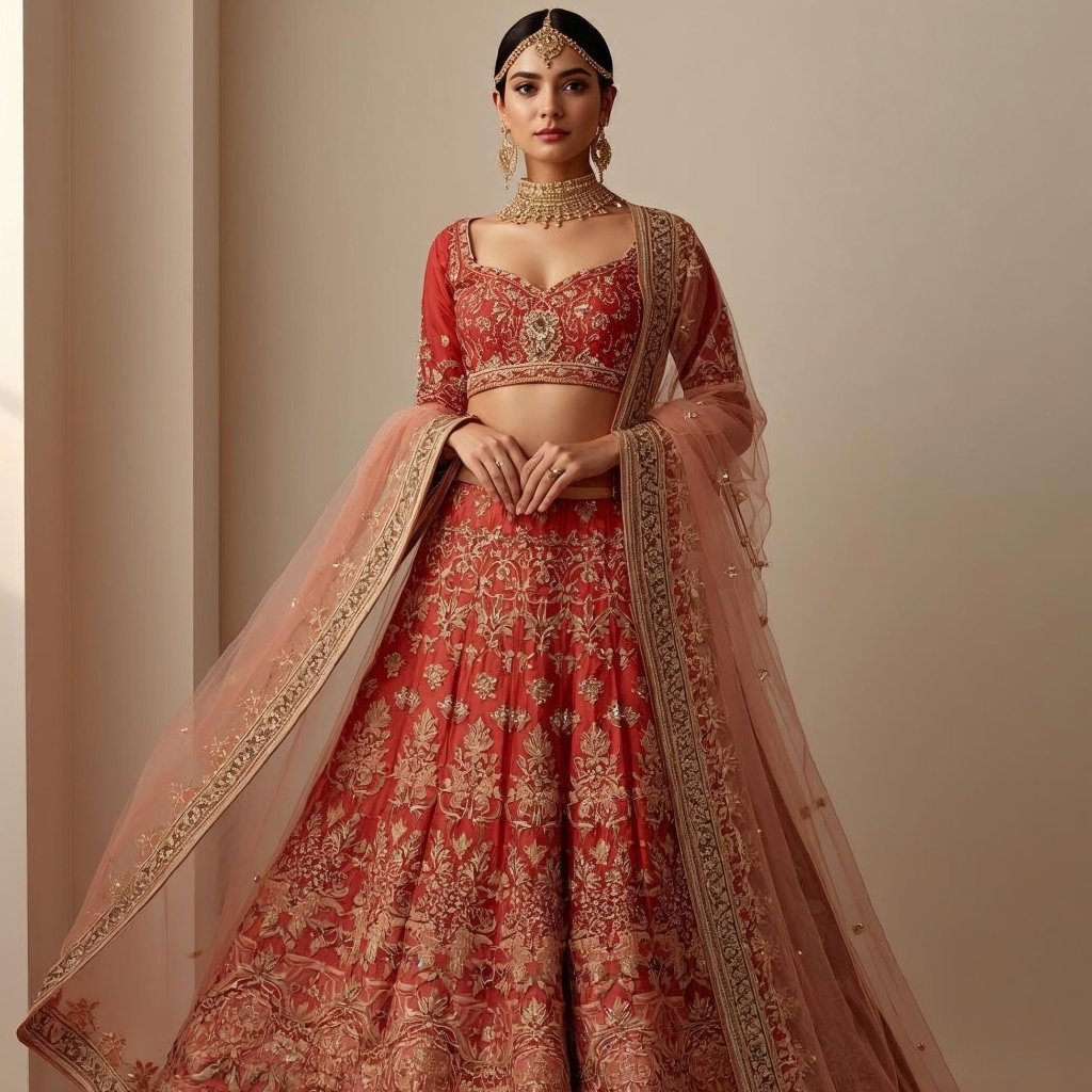 A bride in a red-pink lehenga with gold embroidery, wearing a sheer pink organza dupatta draped over her shoulders. She accessorizes with a traditional gold choker and jewelry, and her hair is styled in a neat bun, with a decorative headpiece.