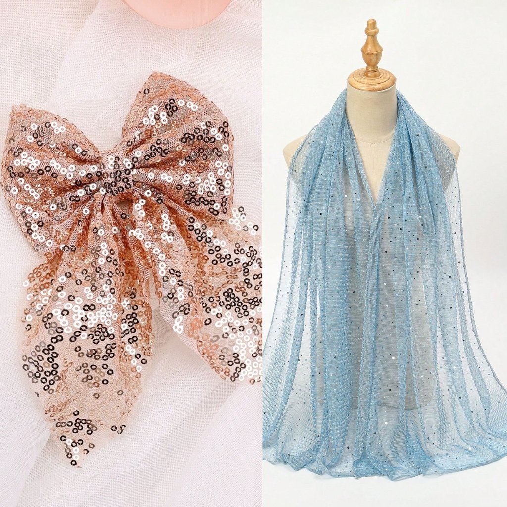 A close-up view of a rose-gold sequin bow on sheer organza fabric, paired with a light blue sheer scarf draped on a dress form.