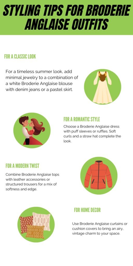 Graphic titled ‘Styling Tips for Broderie Anglaise Outfits’ with a light green header. Six circular illustrations: a white broderie Anglaise blouse with jeans or pastel skirt (For a Classic Look); a couple dancing (For a Romantic Style); a red/orange puffer jacket (For a Modern Twist); decorative pillows (For Home Decor). Each section includes a short blurb describing styling tips.