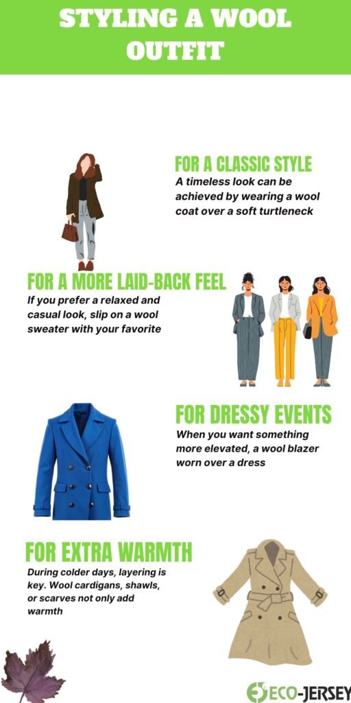 Infographic titled ‘Styling a Wool Outfit’ with sections: Classic Style featuring a woman in a wool coat; For a More Laid-Back Feel showing three women in casual wool outfits; For Dressy Events with a blue wool blazer; For Extra Warmth displaying a beige wool trench and a leaf illustration.