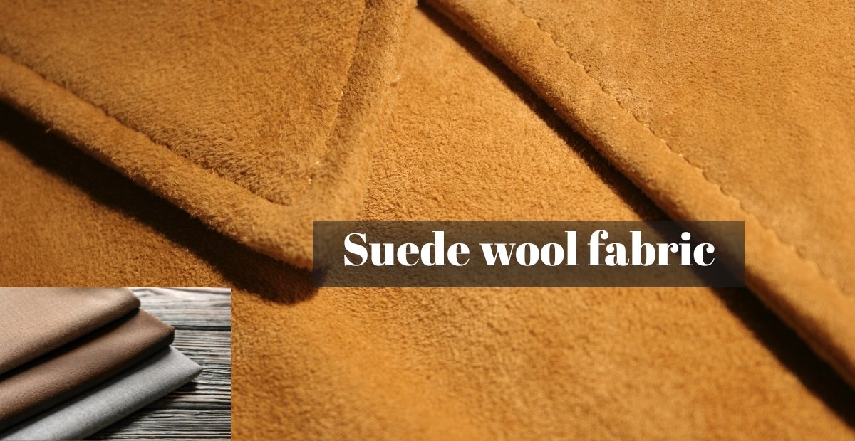 Close-up view of soft suede wool fabric in warm caramel tone with a subtle nap, featuring diagonal folds.