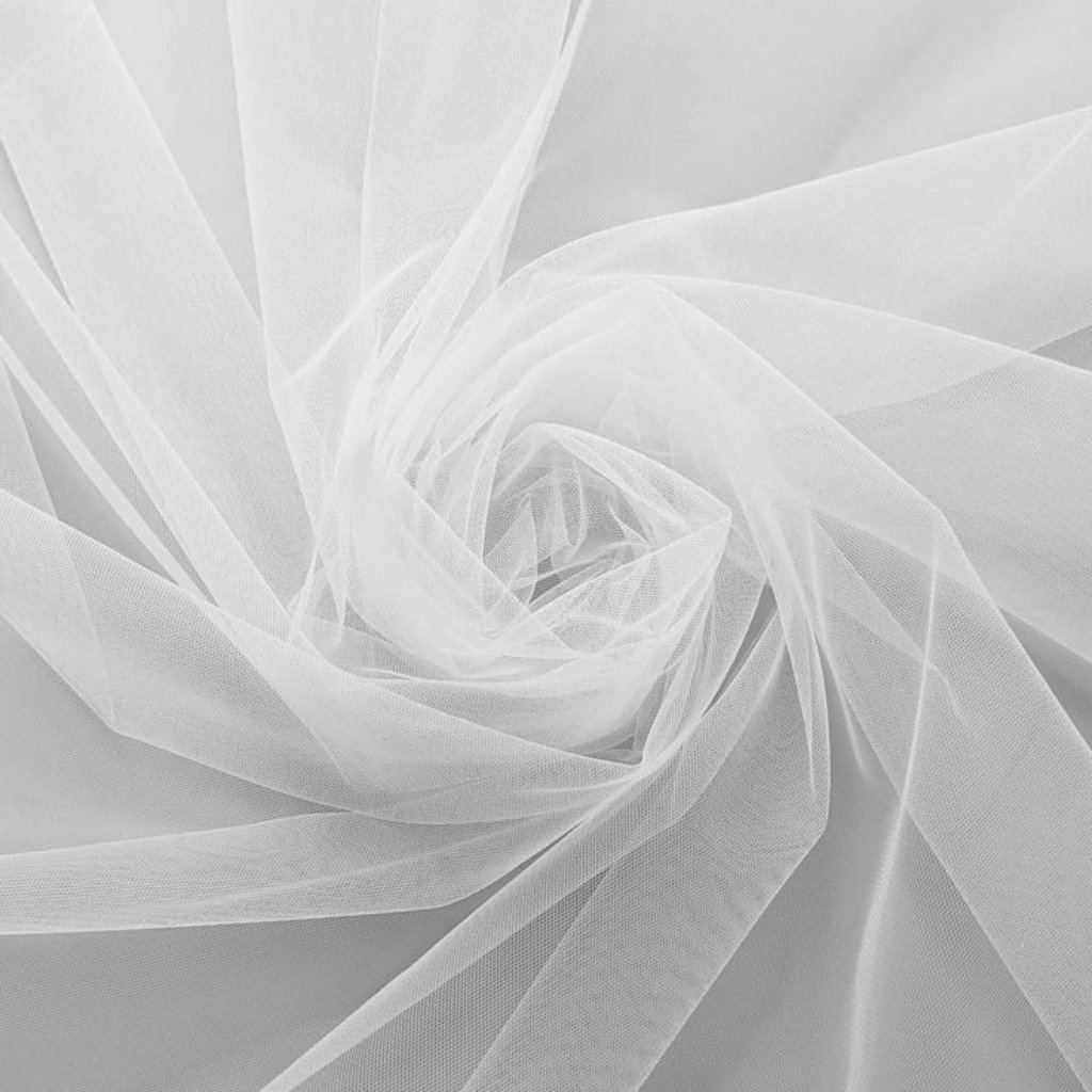 White Organza Fabric: Elegant Style for Dresses and Interiors 30 A close-up view of sheer white fabric, arranged in soft folds and a central spiral pattern, creating a delicate, airy texture.