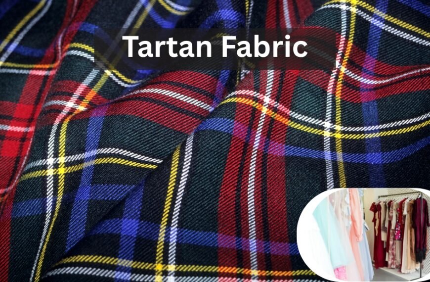 Close-up of tartan wool fabric with red, blue, green, and yellow intersecting stripes; a circular inset shows a wardrobe with colorful clothes.