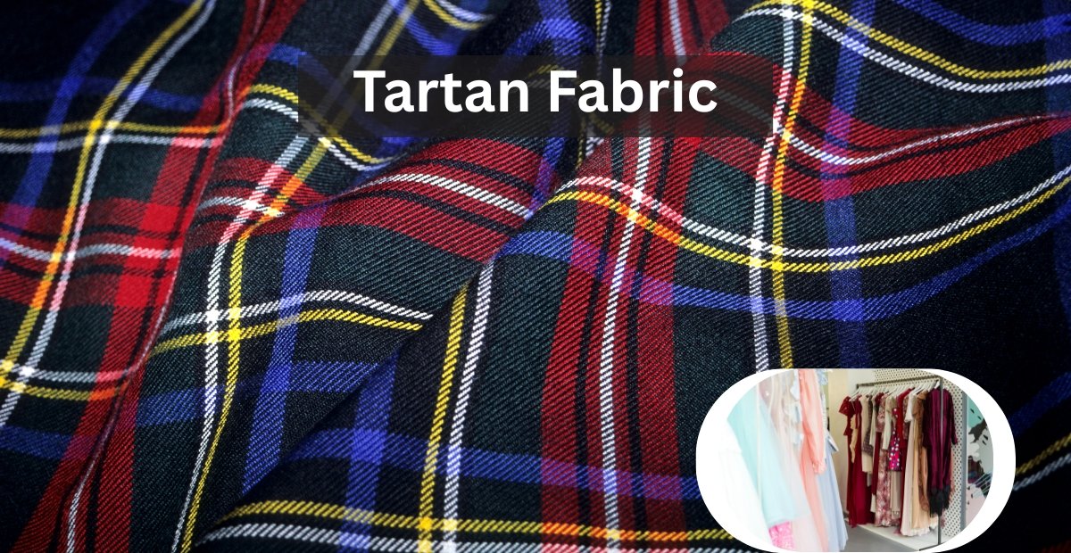 Close-up of tartan wool fabric with red, blue, green, and yellow intersecting stripes; a circular inset shows a wardrobe with colorful clothes.