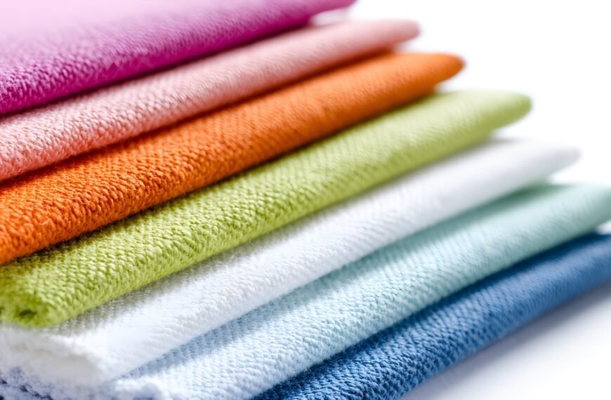 Stack of colorful folded towels arranged in a gradient from pink to dark blue.