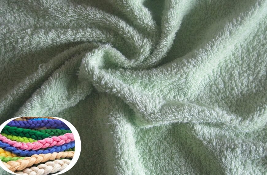 A close-up shot of a soft, plush terry wool fabric in a pale mint-green color, showing dense looped fibers and a cozy, textured surface. Inset at the bottom-left is a circular collage of colorful braided cords (pink, blue, green, purple, yellow, beige) providing a visual contrast.