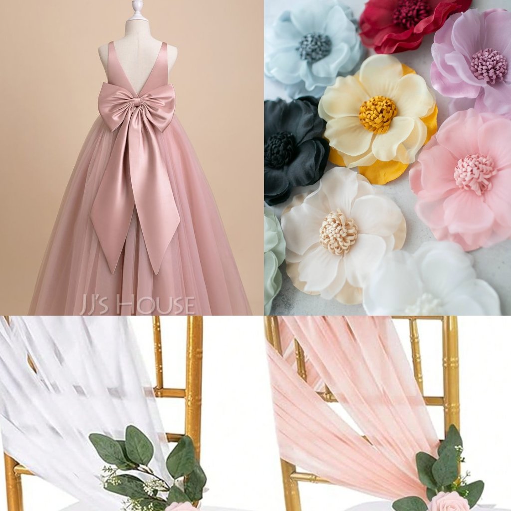 Image collage showing: a blush pink satin-organza gown with a large bow on the back; close-up of pastel satin-organza flowers in white, cream, yellow, blue, pink; white sheer organza draped over a chair with greenery; light pink organza draped over another chair with a rose accent.