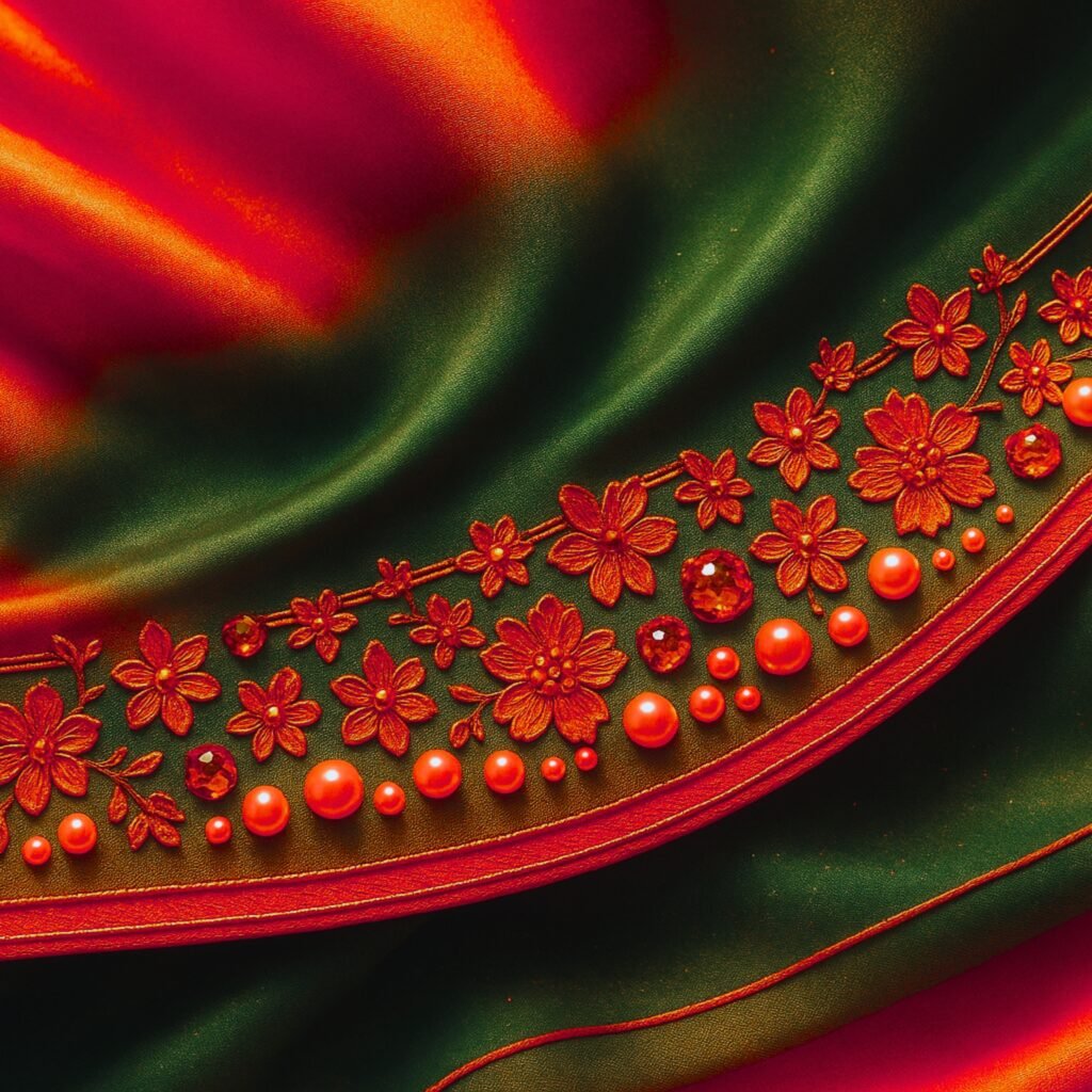 A close-up of a luxurious rayon-silk fabric with a rich green base, red-orange embroidery of delicate flowers along a curved border, and decorative red beads and gems adding texture and elegance.