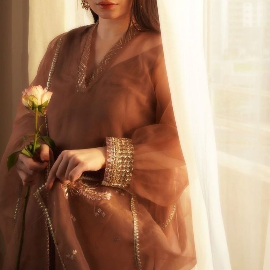 A woman in a sheer, brown dress with intricate gold embroidery stands beside a light curtain, holding a pale pink rose.