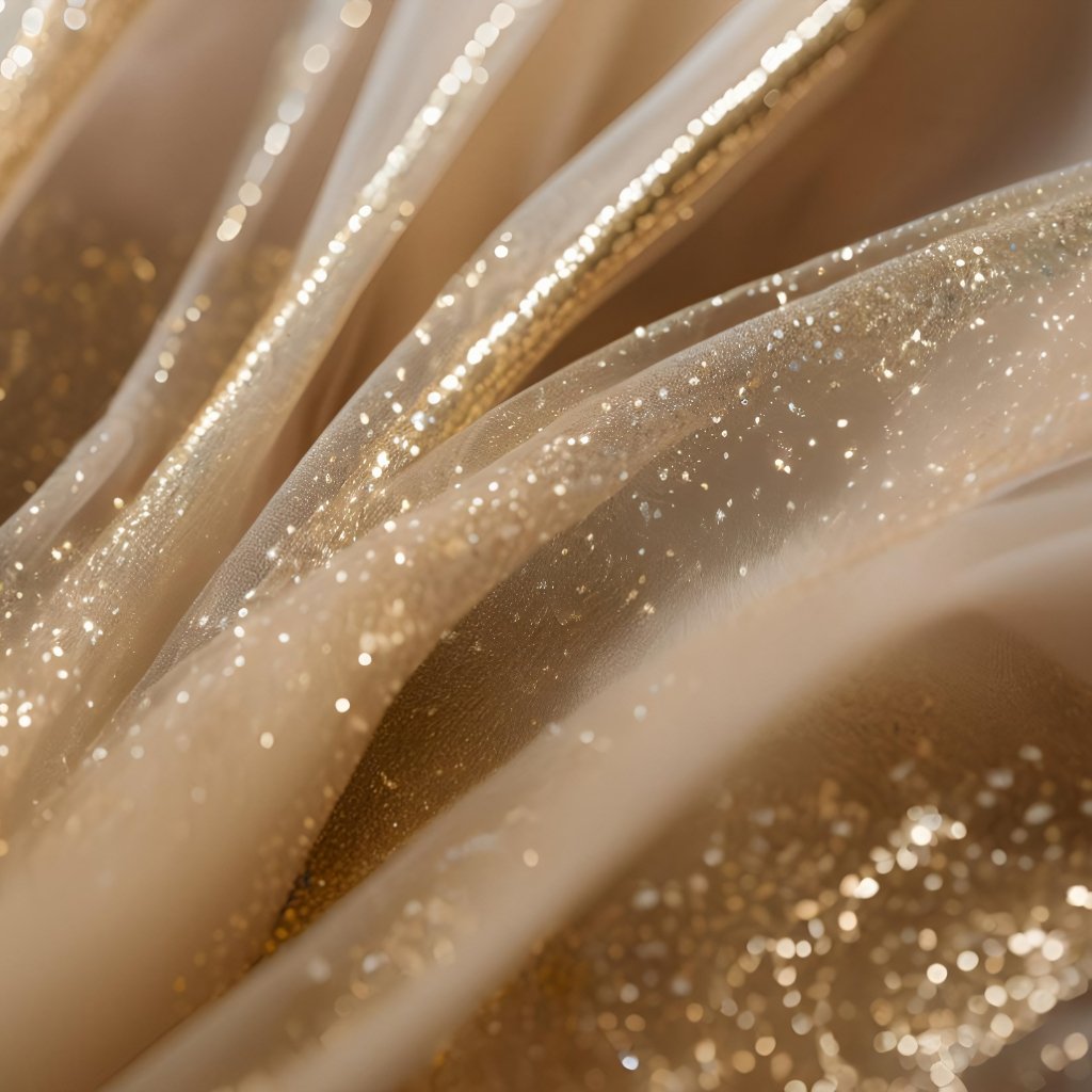Close-up of shimmering gold sparkles on sheer organza fabric, showing soft folds and tiny reflective specks.