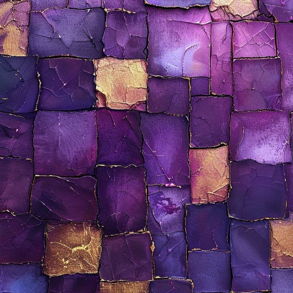  A mosaic of irregular, overlapping purple squares with gold accents, creating a cracked, iridescent tile pattern.