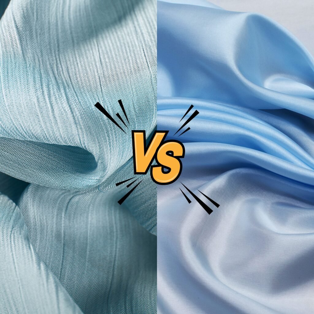 "Split image of fabric textures: left side shows pale blue, lightweight woven rayon chiffon with visible ribbed weave; right side shows smooth, soft, flowing blue chiffon fabric. A bold 'Vs' symbol sits in the center, highlighting a contrast or comparison.
