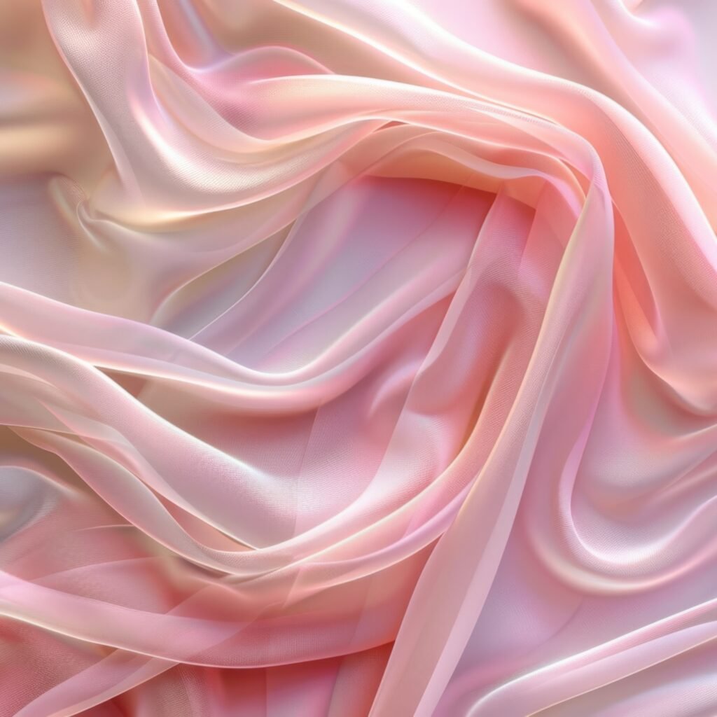 A close-up, soft-focus image showcasing flowing, silky fabric in pastel pinks and creams. The fabric appears light, draping in graceful folds with a subtle sheen, highlighting the fabric’s fluid texture and luxurious drape.
