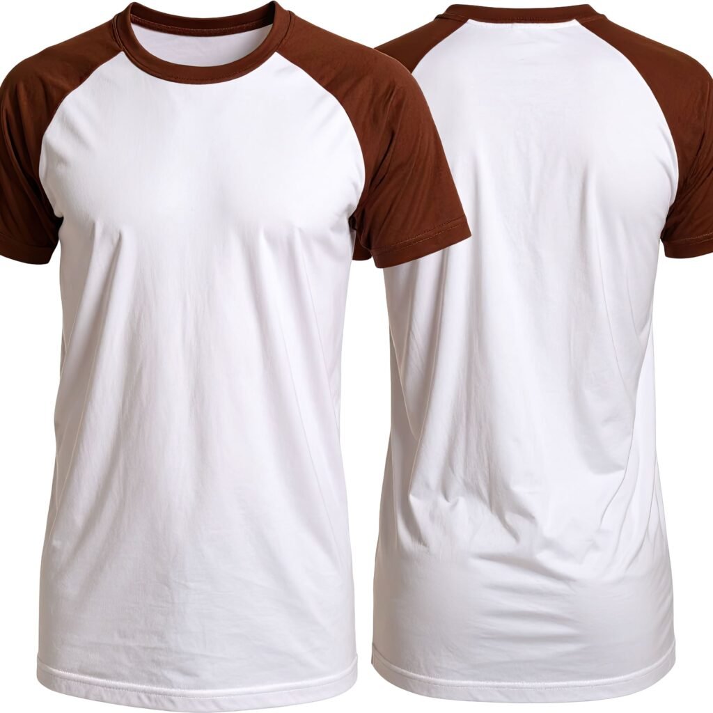A white and brown raglan short-sleeve t-shirt shown from both front and back, featuring white body with brown sleeves and collar, on a plain background.