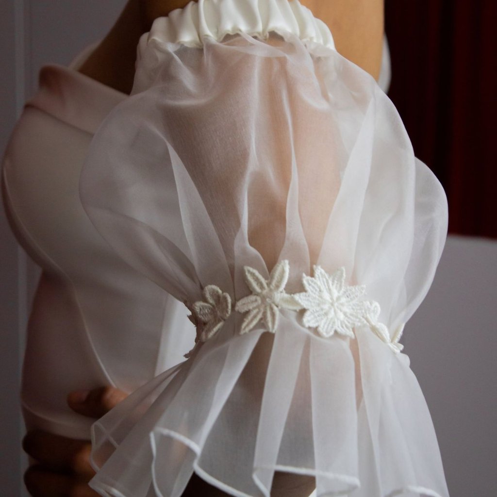 White Organza Fabric: Elegant Style for Dresses and Interiors 19 A sheer white dress or bridal veil with a delicate floral lace belt draped across the back, gathered at the neck and flowing in soft layers.