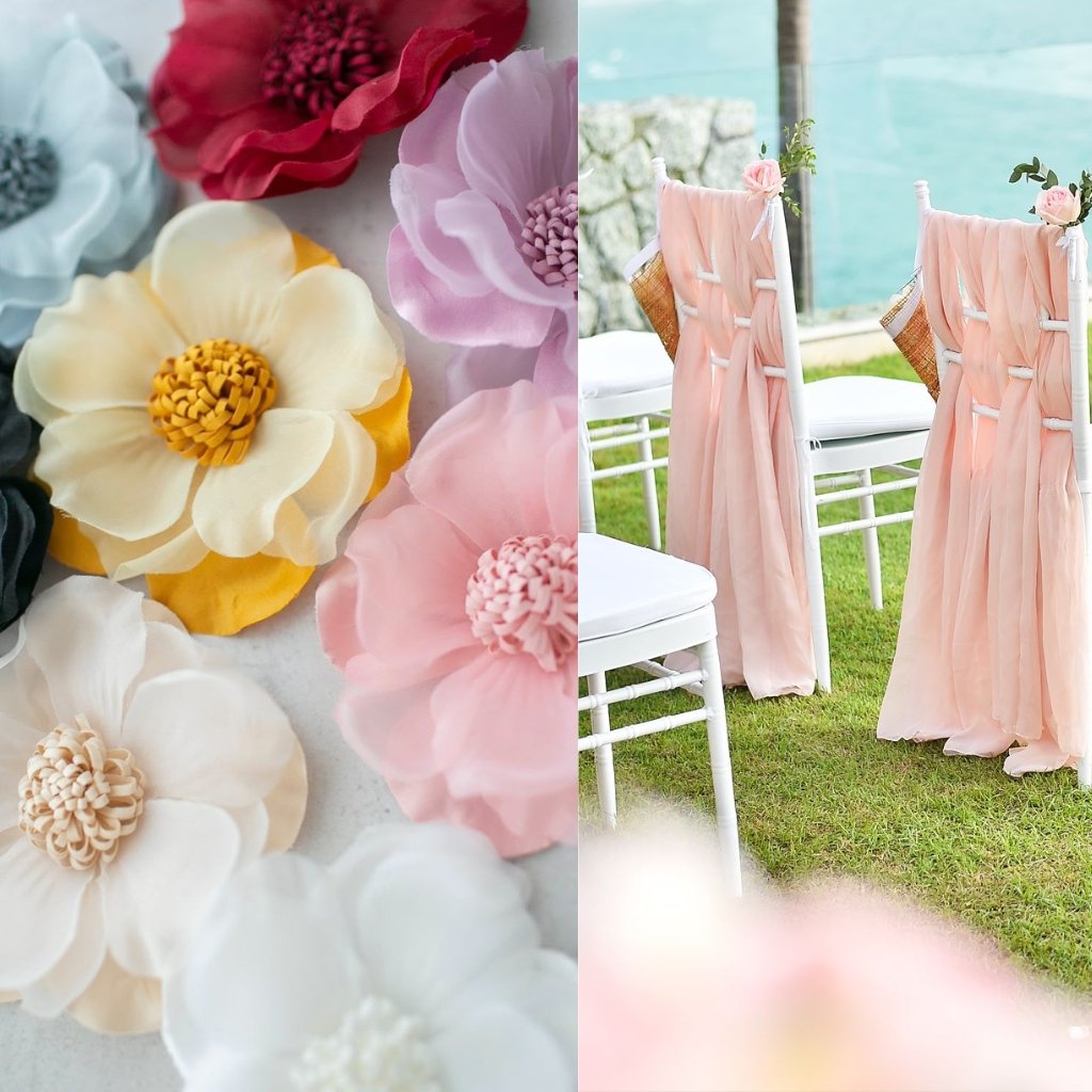 Close-up of satin organza fabric in soft pastel colors shaped into delicate flower petals, with a split-screen showing pastel satin drapes decorating an outdoor wedding seating area on the right