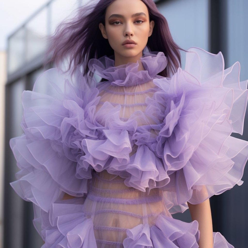 A fashion-forward woman in a lavender, ruffled sheer dress stands outdoors. The dramatic, layered tulle sleeves and high ruffle collar create a voluminous, ethereal look. Her hair is dyed a matching lavender shade, and she stares softly at the camera with a neutral expression.