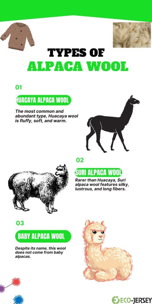 An infographic titled ‘Types of Alpaca Wool’ showing three types: Huacaya Alpaca Wool (text in green badge) with a black silhouette of a standing alpaca; Suri Alpaca Wool (green badge) with a black silhouette of a different alpaca; Baby Alpaca Wool (green badge) with a cute illustrated baby alpaca. Green accents and small images of fabric swatches at the top corners.