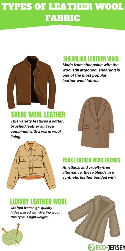An infographic titled "TYPES OF LEATHER WOOL FABRIC" with a bright green header. It features five clothing illustrations: a brown shearling leather jacket on the left, a light brown wool coat on the right, a tan utility jacket near the bottom left, and a beige knit scarf near the bottom right. Each item has a bold green heading and a short black caption describing the fabric type. A small yarn ball icon appears near the bottom left, and the Eco-Jersey logo sits in the bottom right.