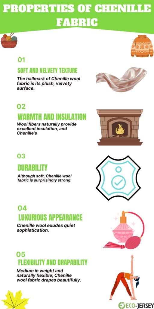 An infographic titled “Properties of Chenille Fabric” listing five features with green headings, small descriptive text, and corresponding illustrations (soft and velvety texture, warmth and insulation, durability, luxurious appearance, flexibility and drapability).