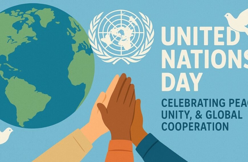 "Illustration of the Earth with several hands joining in the foreground. United Nations Day text and dove symbols on a blue background."