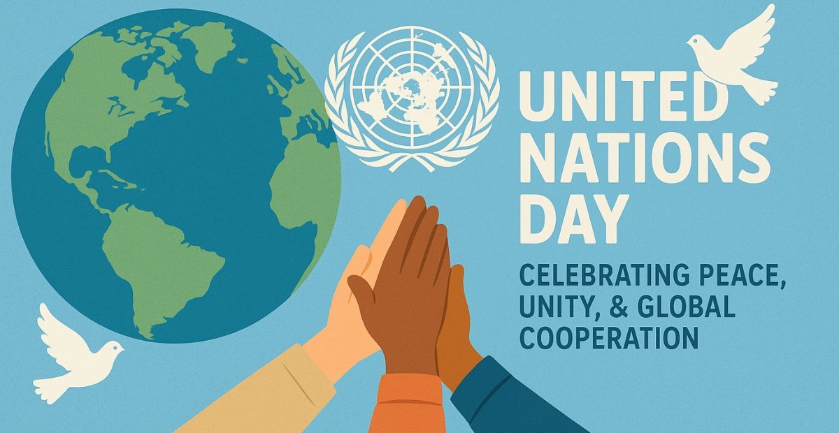 "Illustration of the Earth with several hands joining in the foreground. United Nations Day text and dove symbols on a blue background."