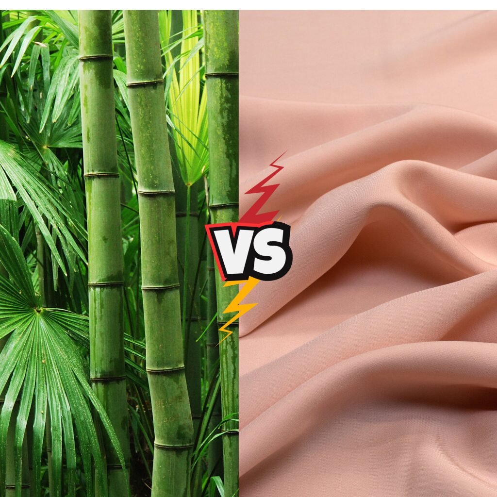 A split image showing a dense bamboo grove on the left with tall green bamboo stalks and lush leaves, and soft pink fabric on the right. A bold “VS” graphic with yellow and red accents sits at the center, suggesting a comparison between natural bamboo and rayon fabric.