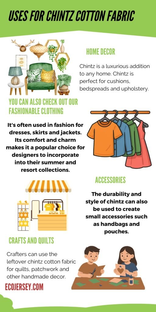“Infographic titled ‘Uses for Chintz Cotton Fabric’ featuring sections on home decor, fashionable clothing, accessories, crafts and quilts, with illustrations of a plant-filled living room, a green sofa with cushions, clothing on a rack, a market stall, and people crafting. chintz cotton fabric